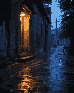 雨后蓝色时刻的西安老巷